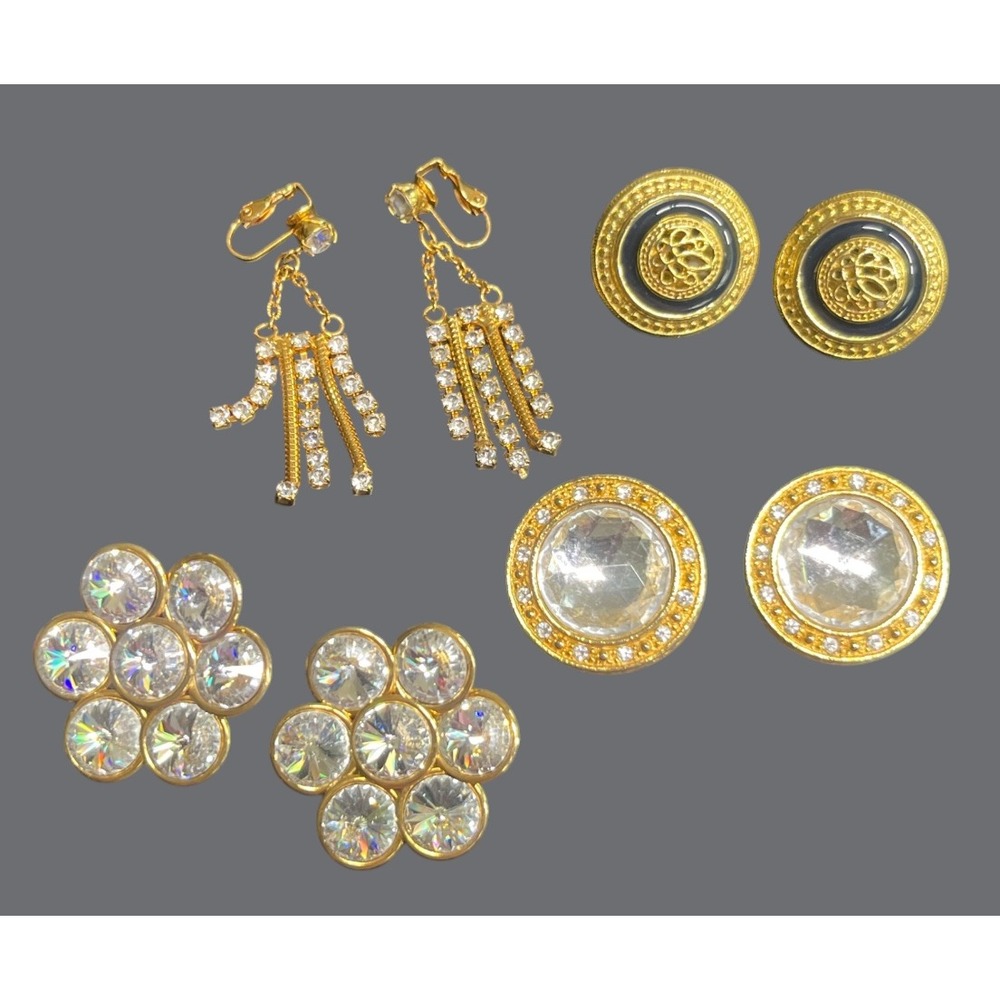 Lot of 4 Pairs of VINTAGE CLIP-On EARRINGS Gold Tone Liz Claiborne Clear Stones